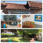 l'immagine contiene delle foto di alcune aree della scuola dell'infanzia di Garzigliana, come ad esmpio l'area ricreativa all'aperto con giochi per bambini e un albero che fa ombra