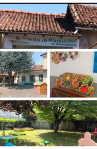 l'immagine contiene delle foto di alcune aree della scuola dell'infanzia di Garzigliana, come ad esmpio l'area ricreativa all'aperto con giochi per bambini e un albero che fa ombra