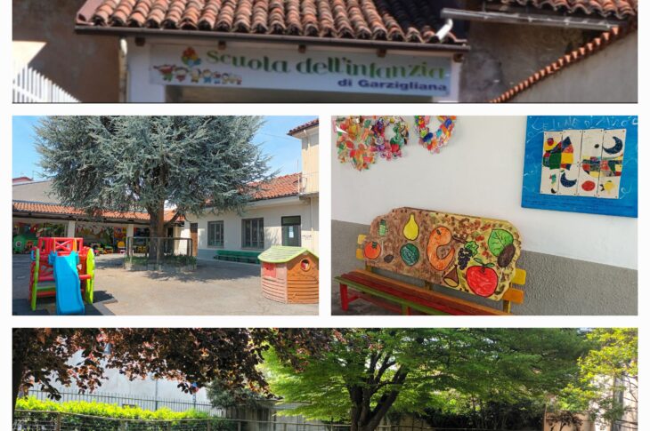 l'immagine contiene delle foto di alcune aree della scuola dell'infanzia di Garzigliana, come ad esmpio l'area ricreativa all'aperto con giochi per bambini e un albero che fa ombra