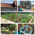l'immagine contiene delle foto di alcune aree della scuola dell'infanzia di Garzigliana, come ad esmpio l'area ricreativa all'aperto con giochi per bambini e un albero che fa ombra